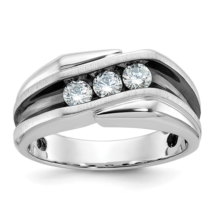 IBGoodman 14k White Gold Men's Polished Satin and Grooved 3-Stone Ring Mounting (B64002-4W)