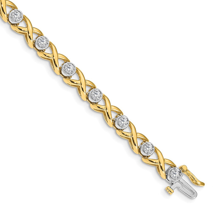 14k Two-tone Holds 1 carat 14-2.6mm Round Diamond 4-prong X-design 7 inch Tennis Bracelet Mounting (X2365)