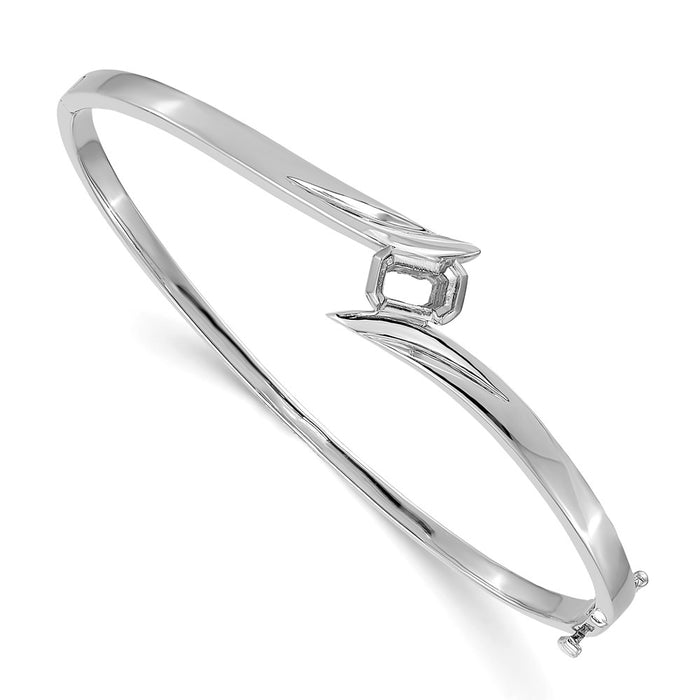 14k White Gold Holds 3/4 carat 6x4mm Emerald-cut Stone Hinged Oval Bangle Bracelet Mounting (XB269)