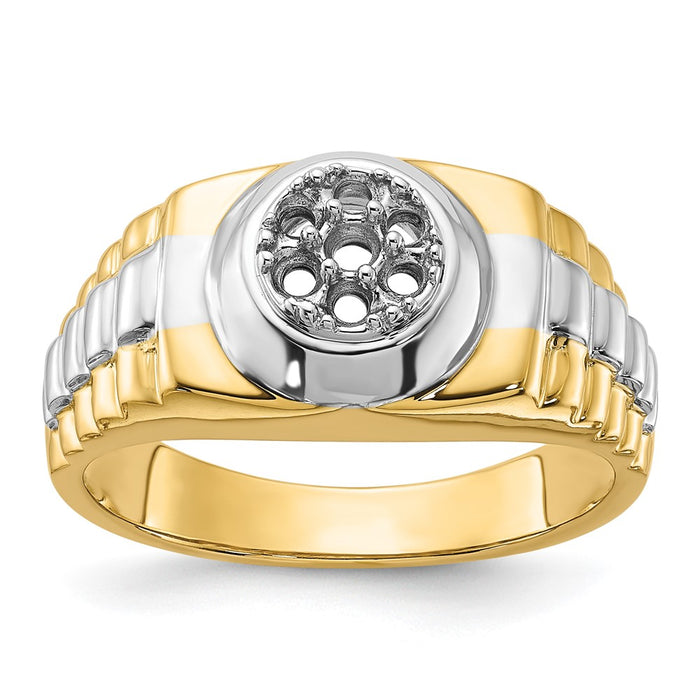 14k Two-Tone Ridged-Sides Circular Top Mens Ring Mounting (Y1526)
